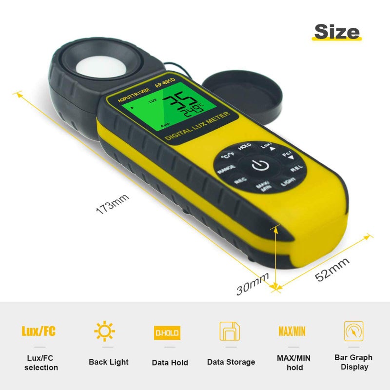 AOPUTTRIVER Light Meters, AP-881D Lux Meter with Ambient Temperatureï¼ˆâ„ƒ/â„‰ï¼‰Measurer Light 0.01~400,000 Lux (0.01~40,000 FC), Luxmeter with 270Âº Rotated Sensor, Back Light, Data storag for Plants LED Indoor Lights - Image 2